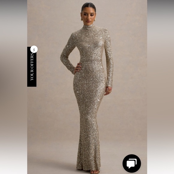 Club L London Dresses & Skirts - Club L London Galaxy Champagne Sequin Turtle Neck Gold Maxi Dress Size 10 NWT